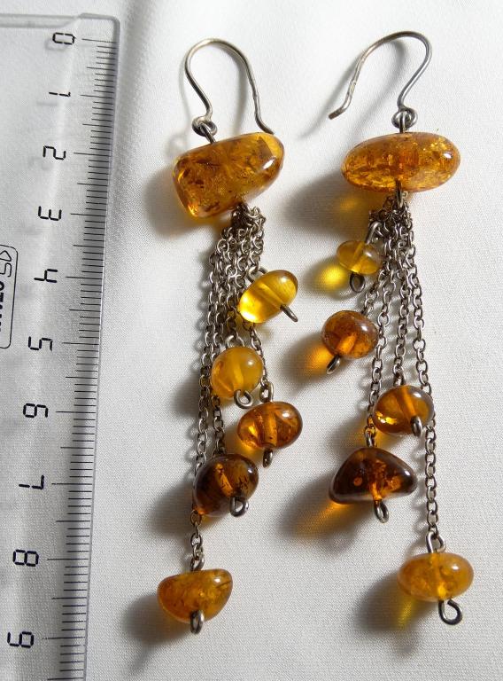 Серьги с янтарем, цепочки, серебро 925.