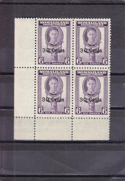 SOMALILAND   Георг VI   Надпечатка  № 113  1951     Кварт   Угол  Сост**