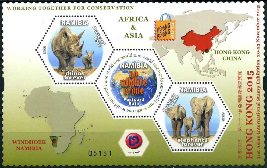 2015 Намибия фауна, слон, носорог, блок MNH