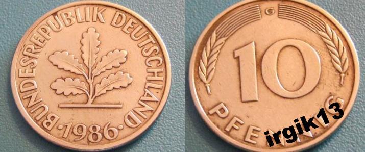 10 пфенингов 1986 года. UNC. ФРГ 