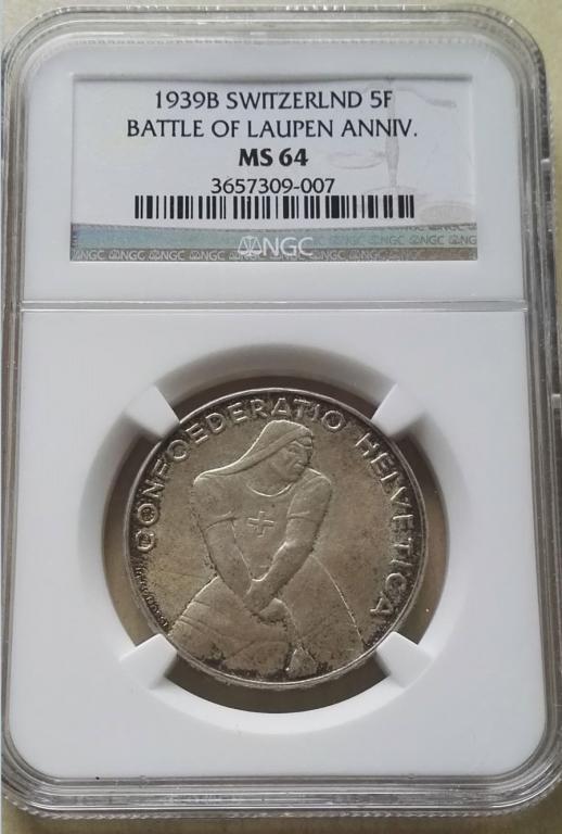 Швейцария 5 франков 1939 (Лаупен, Battle of Laupen). NGC MS64
