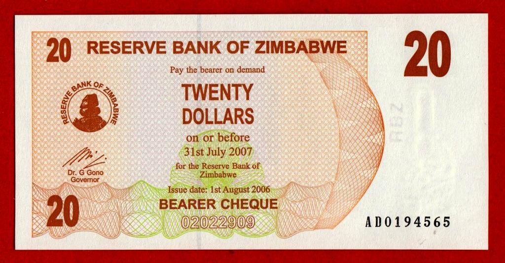 Зимбабве, 20 долларов, 2006, UNC, пресс, AD-0194565