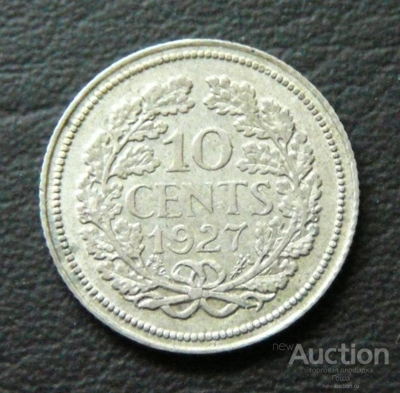 10 центов 1927 года, Нидерланды, серебро 640, 1.37г, очень хорошие.