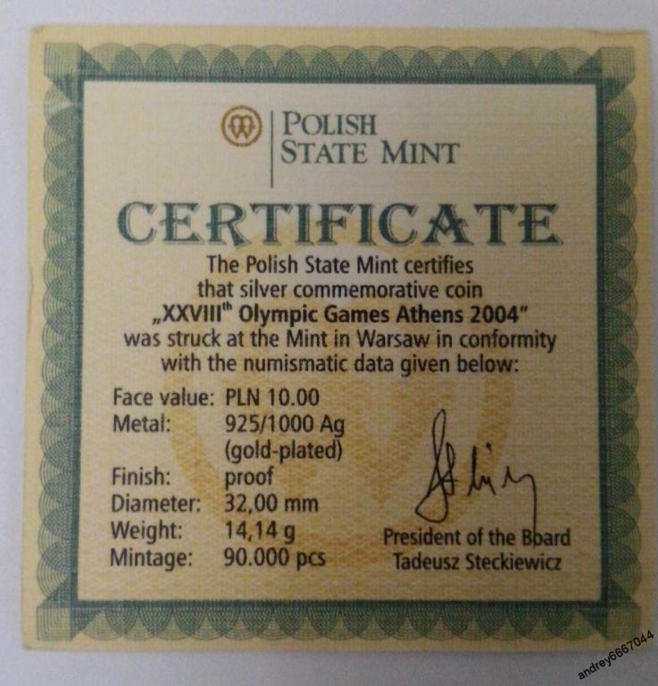 Сертификат к монете XXVIII Олимпийские Игры Афины 2004 Польша (Ag)