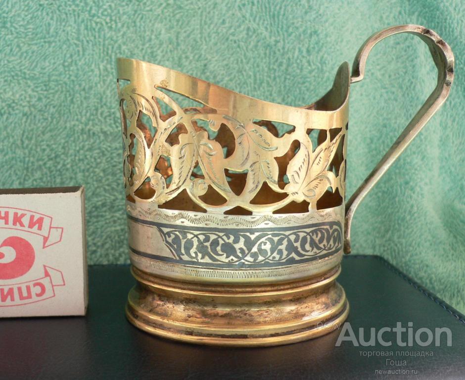 Подстаканник серебряный, СССР, Кубачи, серебро 875, гравировка, чернь, позолота, 81г, отличный (120)