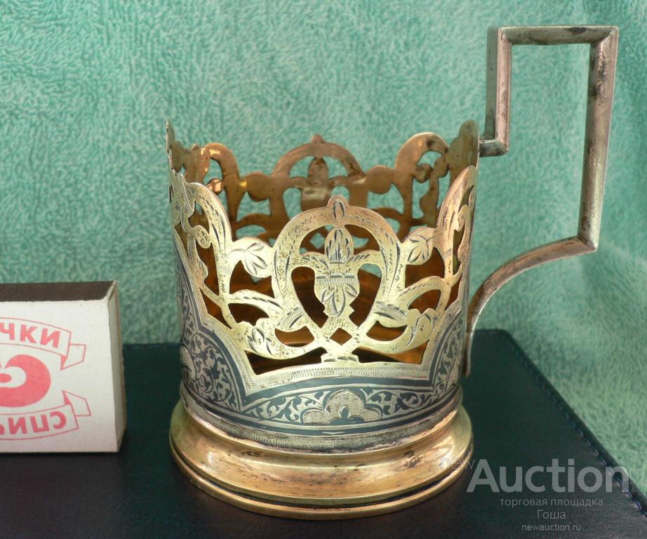 Подстаканник серебряный, СССР, Кубачи, серебро 875, гравировка, чернь, позолота, 92г, отличный (120)