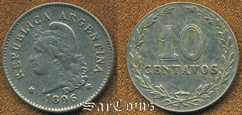 Аргентина 10 сентаво 1896 VF+ (нечастая, + разновидность)