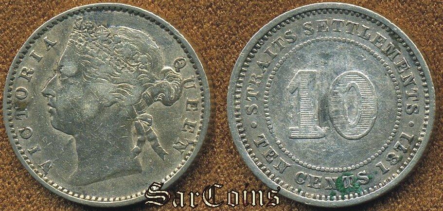 Стрейтс Сеттлментс 10 центов 1871 VF-