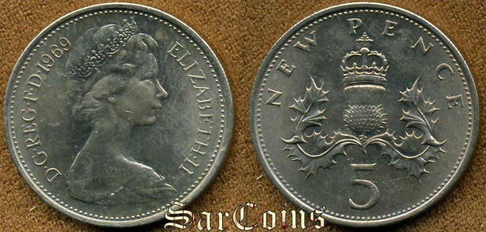 Великобритания (Англия) 5 новых пенсов 1969 XF