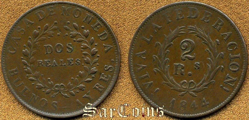 Аргентина, Буэнос-Айрес 2 реала 1844 VF+