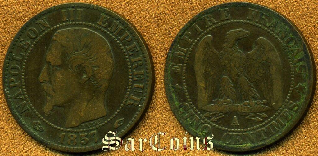 Франция 5 сантимов 1857 (Париж) редкий год.