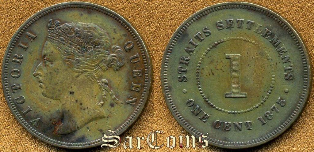 Стрейтс Сеттлментс 1 цент 1875 VF+ (British Royal)