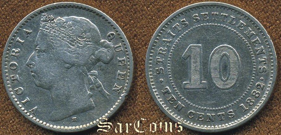 Стрейтс Сеттлментс 10 центов 1882 VF-
