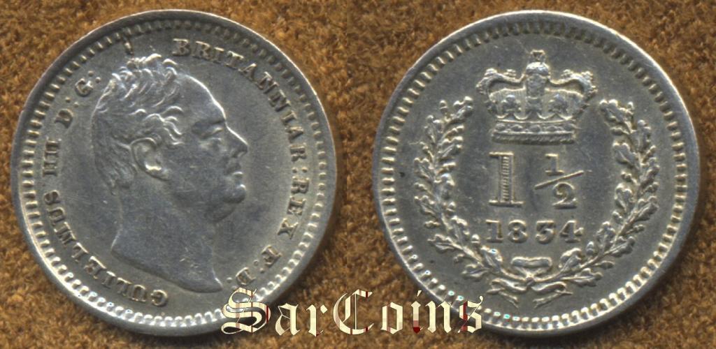 Великобритания (Англия) 1 1/2 пенса 1834 XF