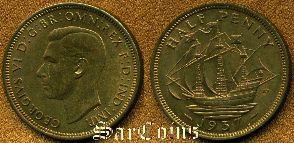 Великобритания 1/2 пенни 1937 UNC