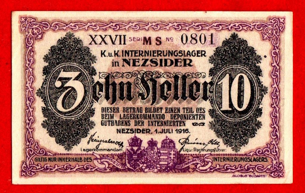 Австро-Венгрия (Австрия), лагерь интернированных лиц Nezsider, 10 геллеров, 1916, UNC, ОРИГИНАЛ
