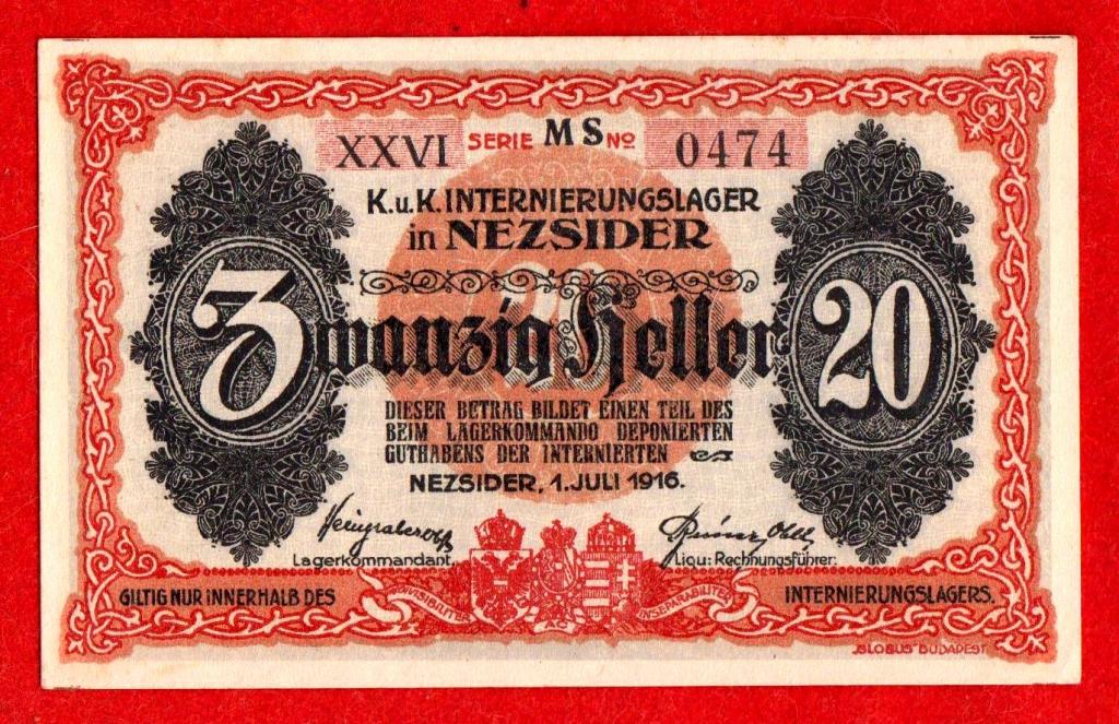 Австро-Венгрия (Австрия), лагерь интернированных лиц Nezsider, 20 геллеров, 1916, UNC, ОРИГИНАЛ
