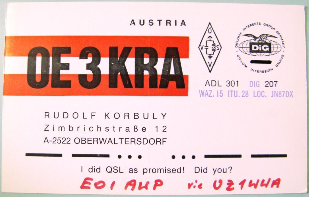 К22:066 QSL КАРТОЧКА РАДИООБМЕНА АВСТРИЯ 1985