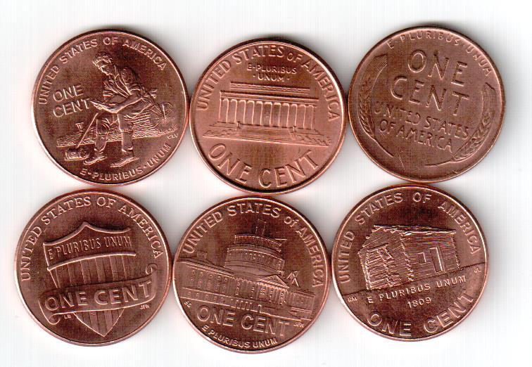 США, 1 цент, 1956-2010, набор из 6 монет.