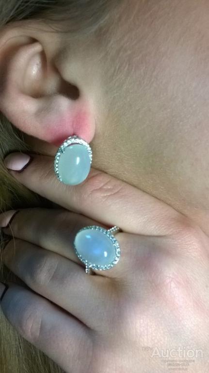Лунный камень (кошачий глаз) 14K белая позолота 925 серебро серьги кольцо Таиланд