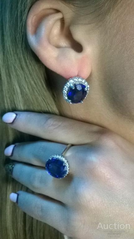13х10 AAA KASHMIR BLUE и белый сапфир 14K позолота 925 серьги+кольцо 