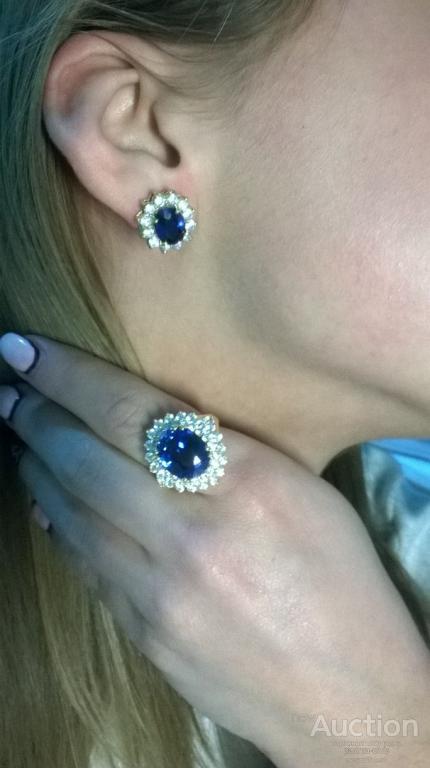AAA KASHMIR BLUE и белый сапфир 14K позолота 925 серьги+кольцо 