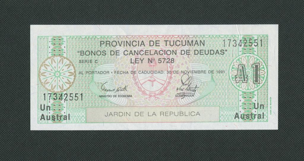1 аустраль. 1991 год. Аргентина. Провинция Тукуман. UNC. #979.