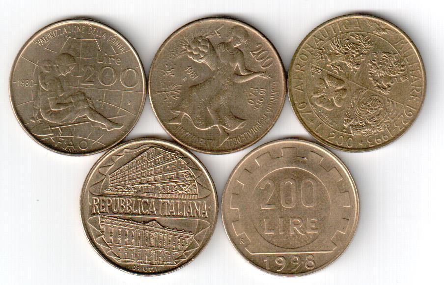 Италия, 200 лир,  набор из 5 монет
