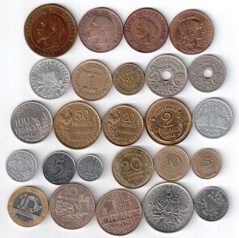 Франция, набор из 25 монет, 1854-1996,  FX+
