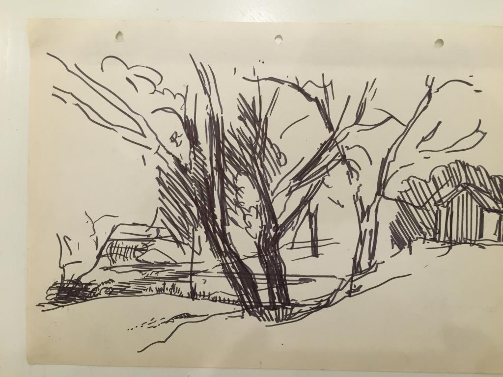Бантиков А.С. (1914-2001)  Набросок пейзажа с деревьями и строениями