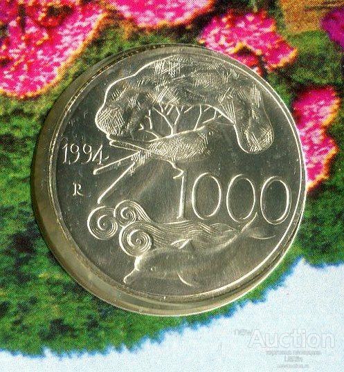 Италия 1000 лир 1994 UNC серебро Дельфин, БУКЛЕТ