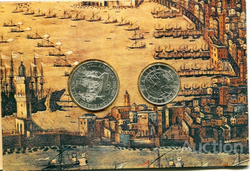 Италия 500 и 200 лир 1989 UNC серебро Дельфин,Парусник БУКЛЕТ