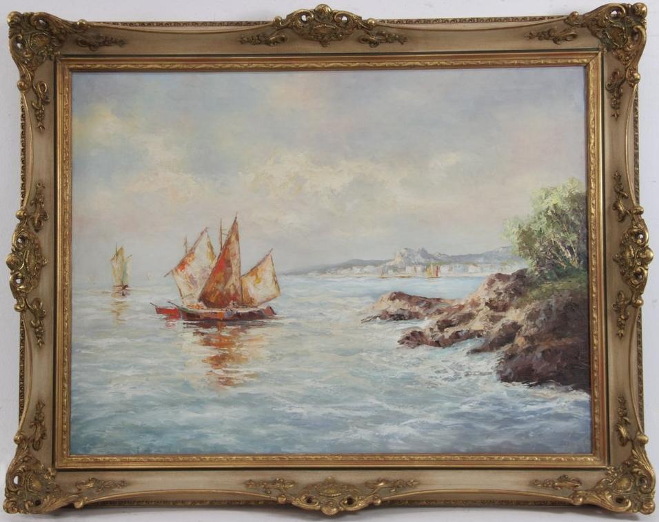 Пейзаж с парусными судами масло холст ~1930-50