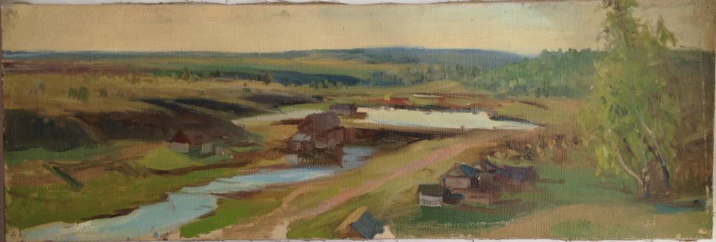 ЩЕКОТОВ К.Н. "СЕЛЬСКАЯ ПЛОТИНА"  ИЗВЕСТНОГО ХУДОЖНИКА! ХОЛСТ МАСЛО  26  Х 76 см.