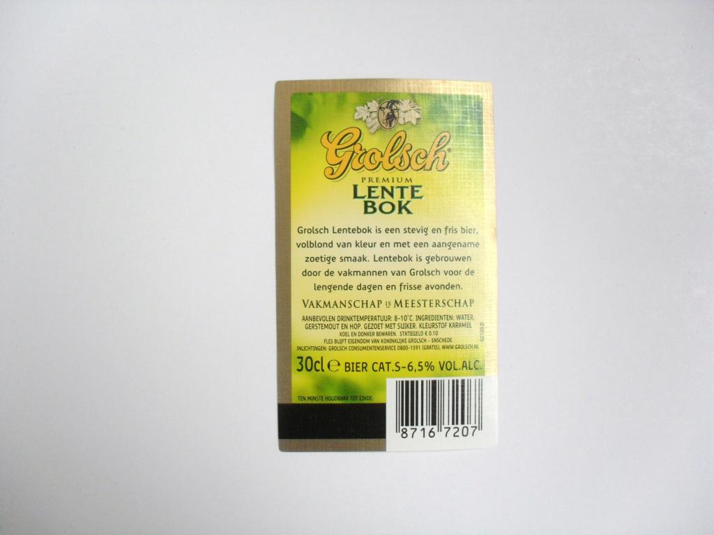 Этикетка от пива Grolsch Lente Bok 