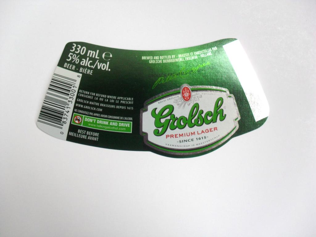 Этикетка от пива Grolsch Premium Lager 