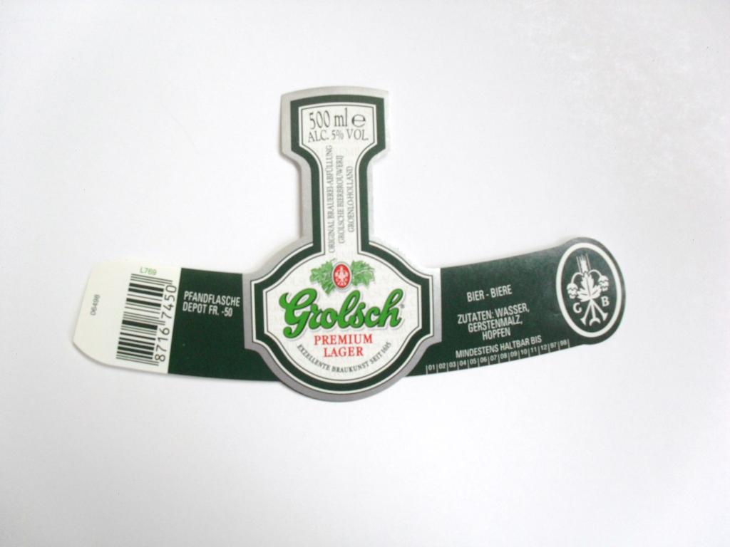 Этикетка от пива Grolsch Premium Lager 
