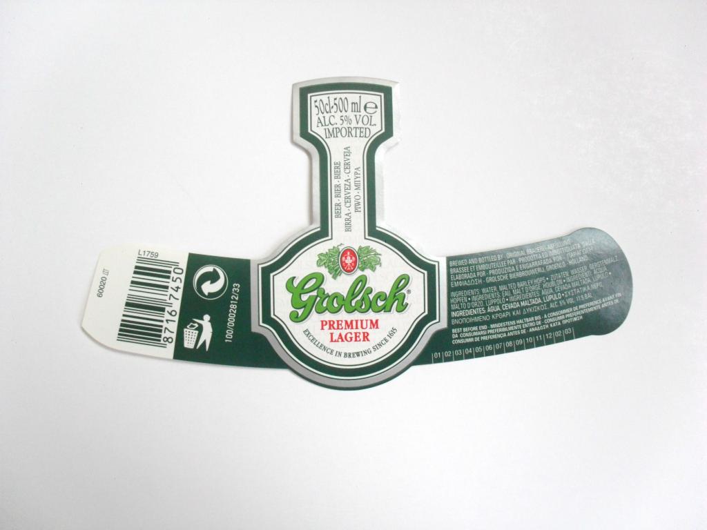 Этикетка от пива Grolsch Premium Lager 