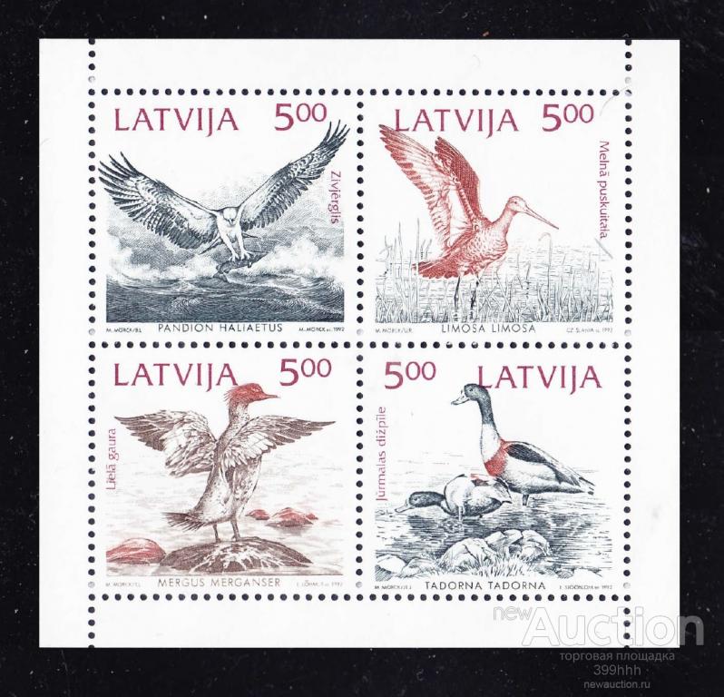 фaунa ПТИЦЫ квapтблoк Eвpoпa Лaтвия 1992 500(*)