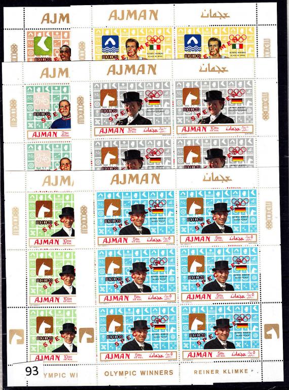 Аджман 1969 ЛОИ-1968, чемпионы ОИ-1968, листы с/з SPECIMEN