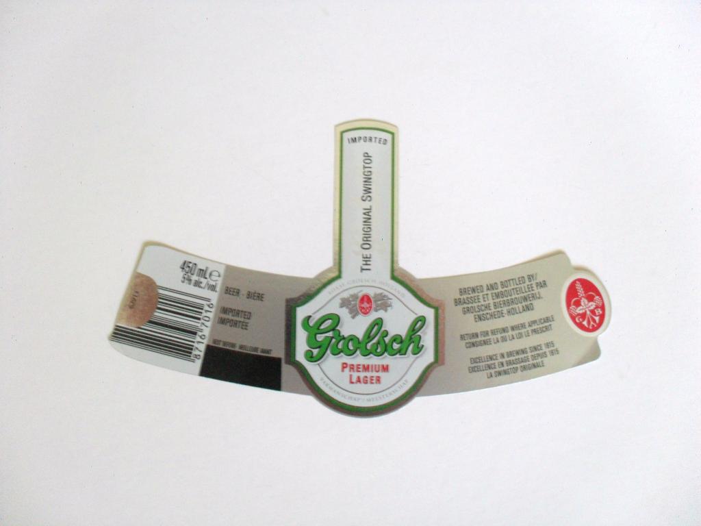 Этикетка от пива Grolsch Premium Lager