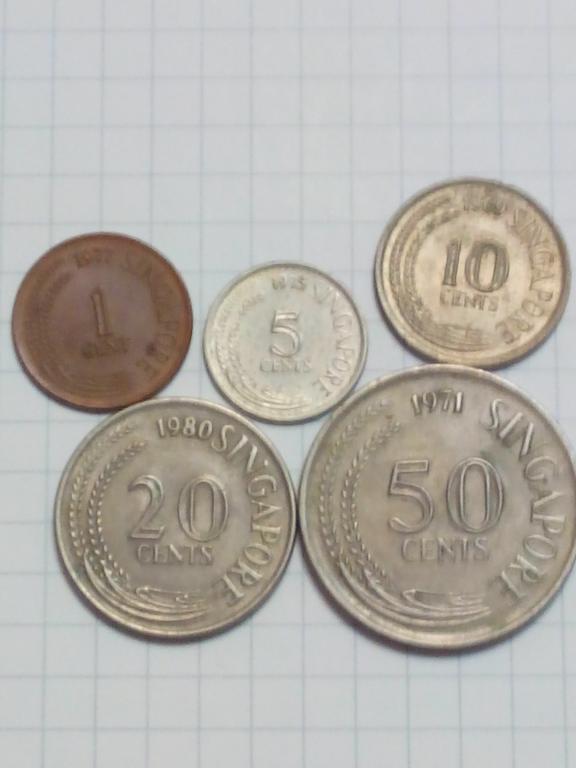 1,5,10,20,50 центов. Набор монет Сингапура. (фауна)