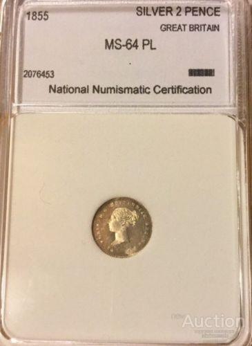 2 ПЕНСА 1855 NNC MS 64 PL UNC СЕРЕБРО ВЕЛИКОБРИТАНИЯ