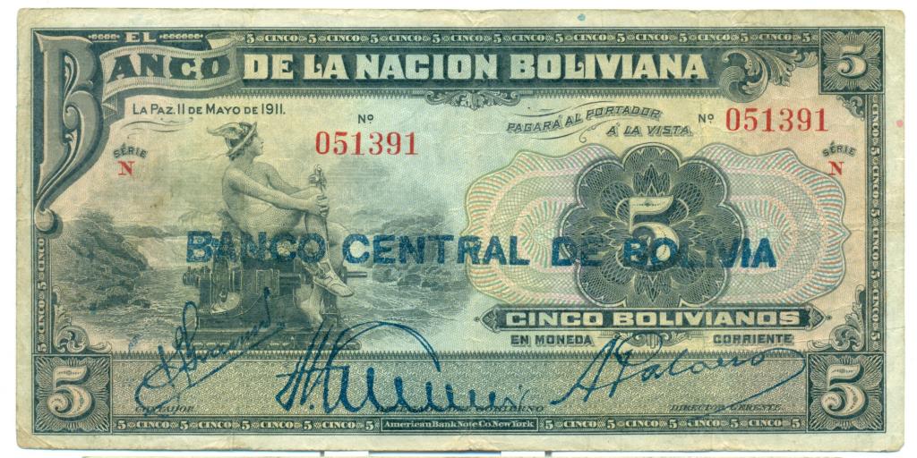 Боливия 5 боливиано 1911 вып. 1929 BANCO CENTRAL DE BOLIVIA P # 113