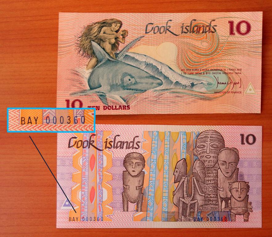 Острова Кука 10 долларов 1987 UNC низкий номер BAY 000360