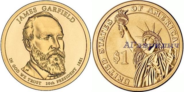 США 1 доллар 2011г 20 президент Джеймс Гарфилд UNC