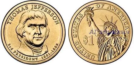 США 1 доллар 2007г 3 президент Томас Джефферсон UNC