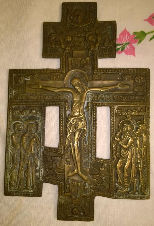 Крест киотный с предстоящими. Конец 19 века. Медная пластика.