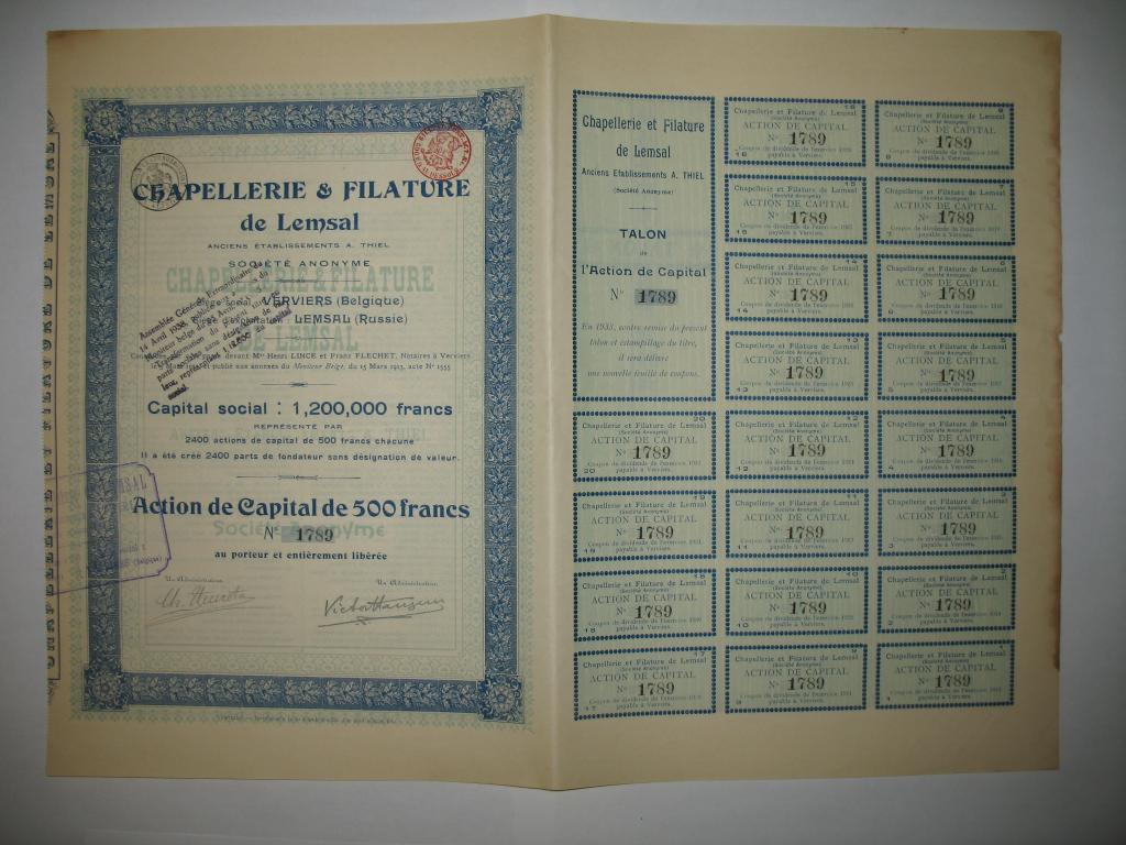 Акция, Русско-Бельгийская компания 500 франков 1913 года (синяя)