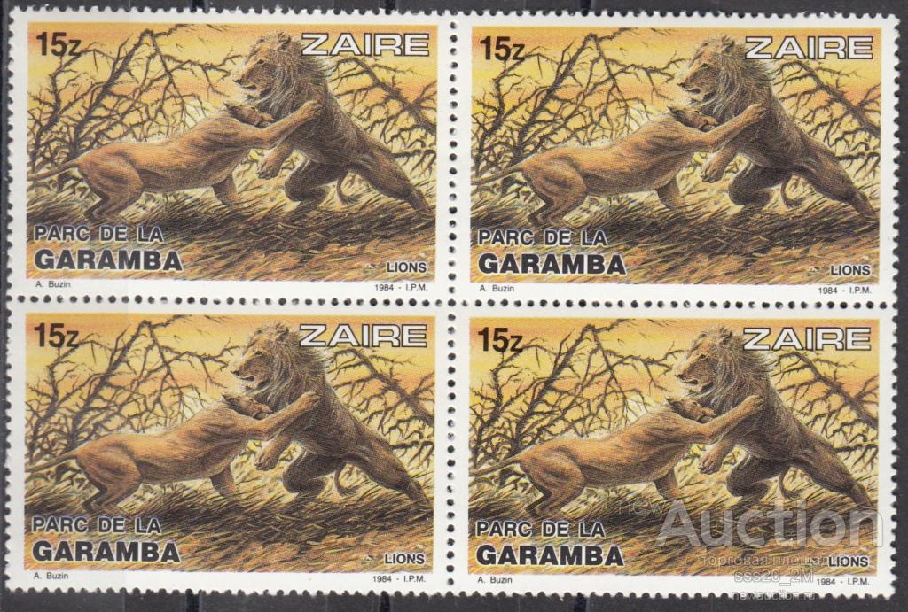 Заир 1984 национальный парк Гарамба львы Mi842 MNH квартблок
